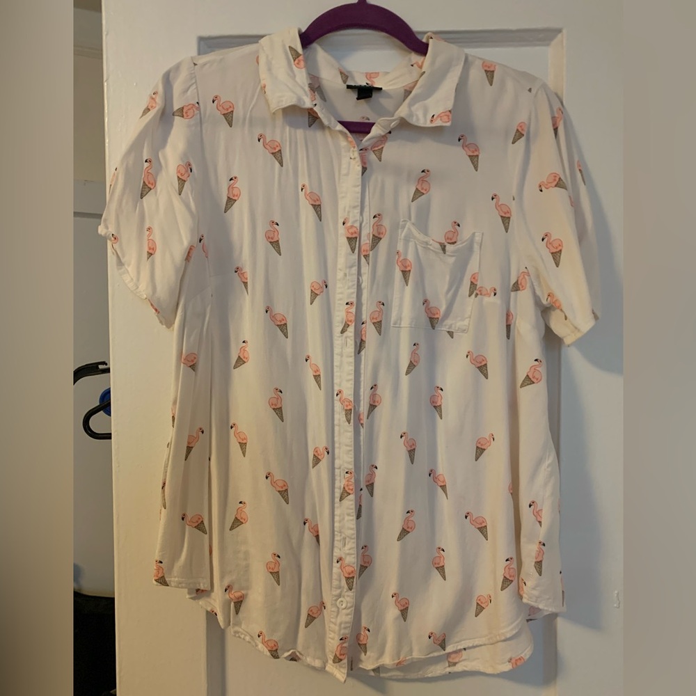torrid White Button-Down Shirt with Pink Flamingo Ice Cream Print